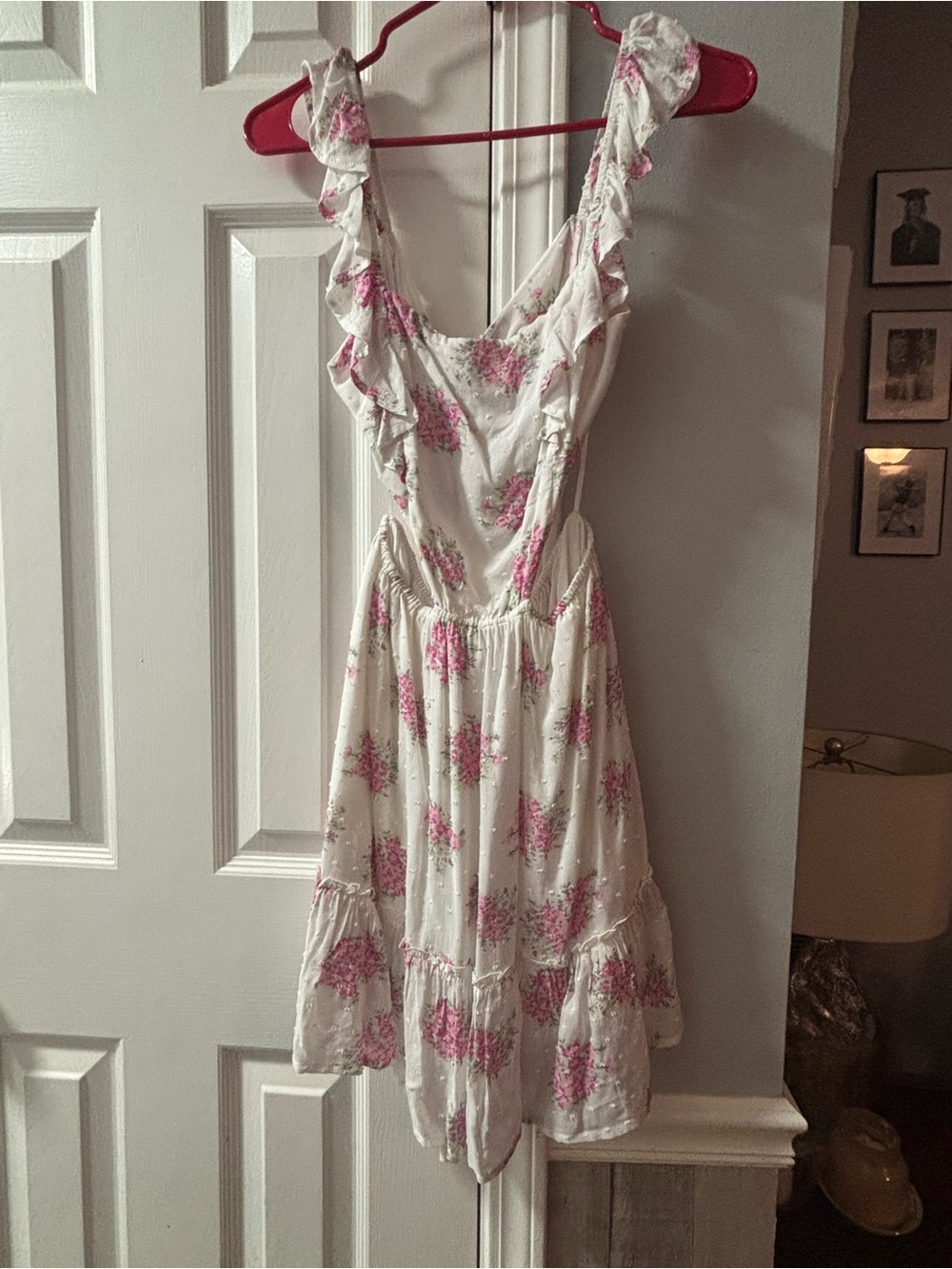NWT Floral Ruffle Sundress White Pink flowers size Small cut out sides open back
